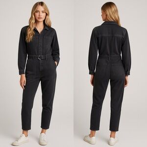 AG Adriano Goldschmied Ryleigh Utility Denim Jumpsuit Sulfur Black SM NWT $298